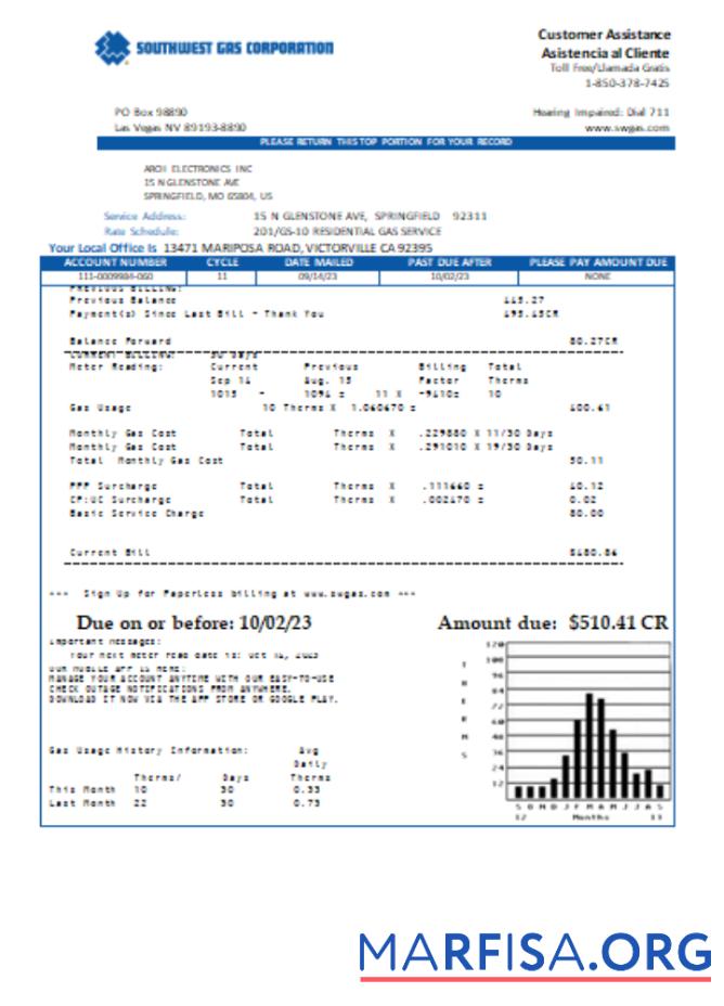 Blank Southwest gas Corporation utility business bill, SCR example